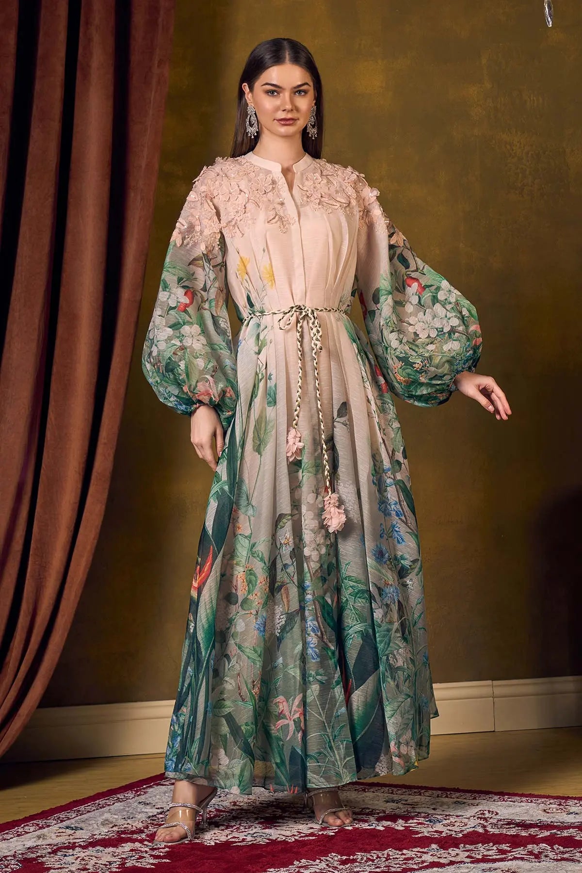 Shaira Fashions | | Long sleeves printed kaftan with pleating details at the waist - Tonal floral applique embroidery