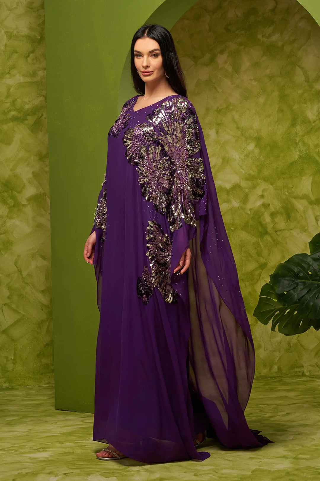 green emerald velvet dress Seema Thukral — Purple Embroidered Chiffon Kaftan – Fabilicious Fashion main image 1
