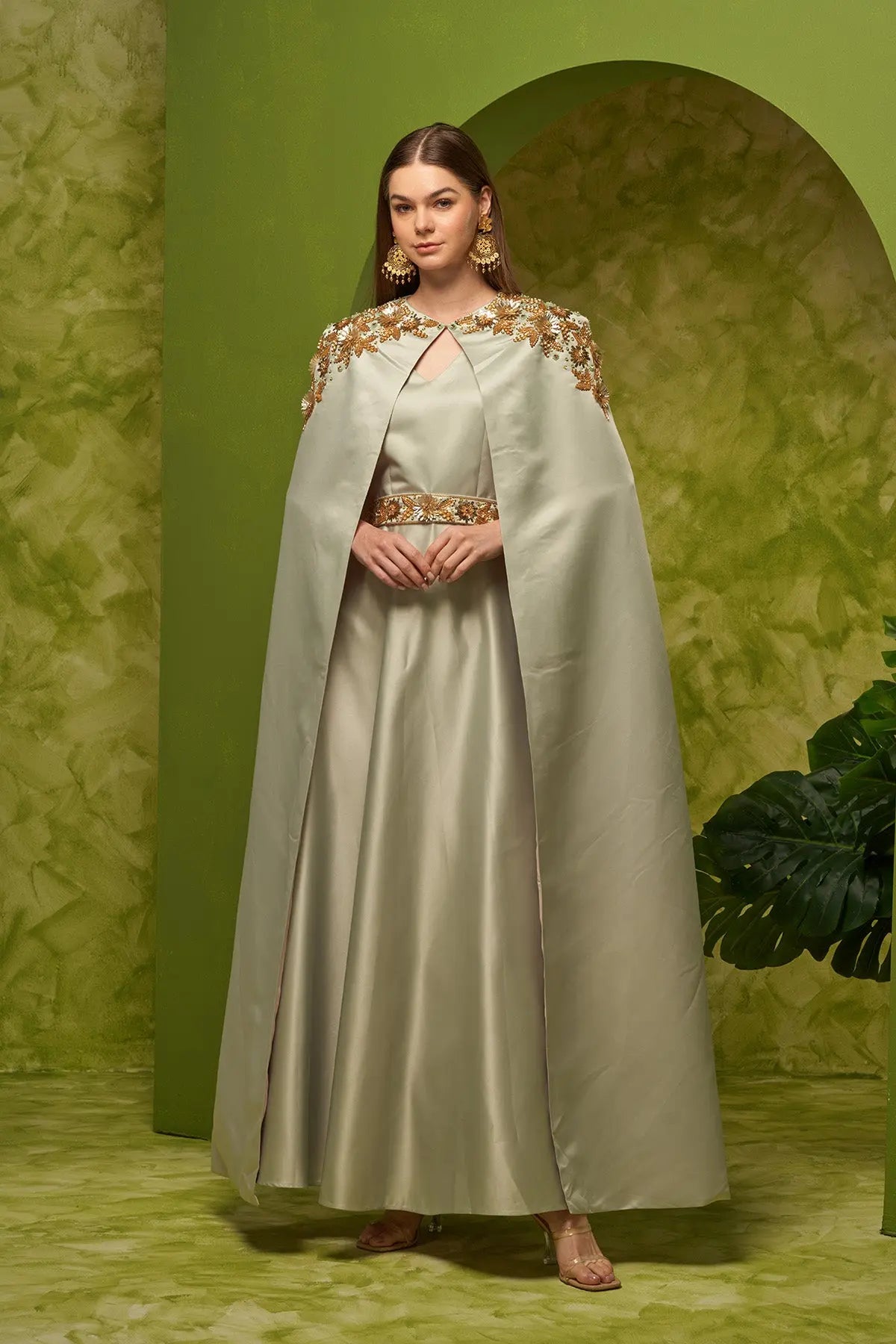 green emerald velvet dress Mint Green Embellished Gown with Beaded Bodice and Cape – Glitter Maxi –  WonderlandByLilian main image 1