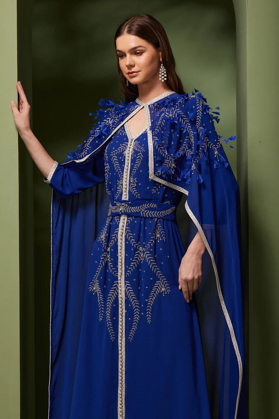 royal blue cape dress Gothic Royal Blue Prom Dress with Cape Sleeves - Designer Sequin Dress with Cut-Out Back main image 0
