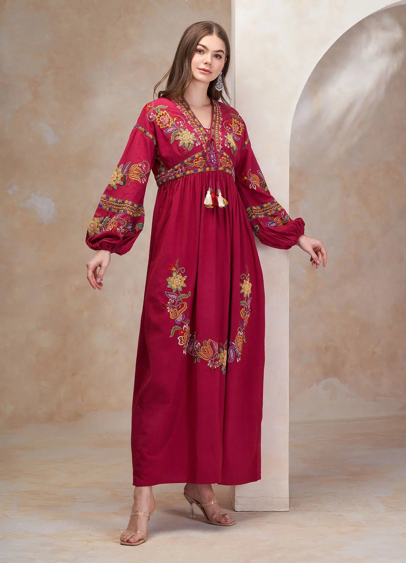 Dark Fuchsia Embroidered Midi Dress
