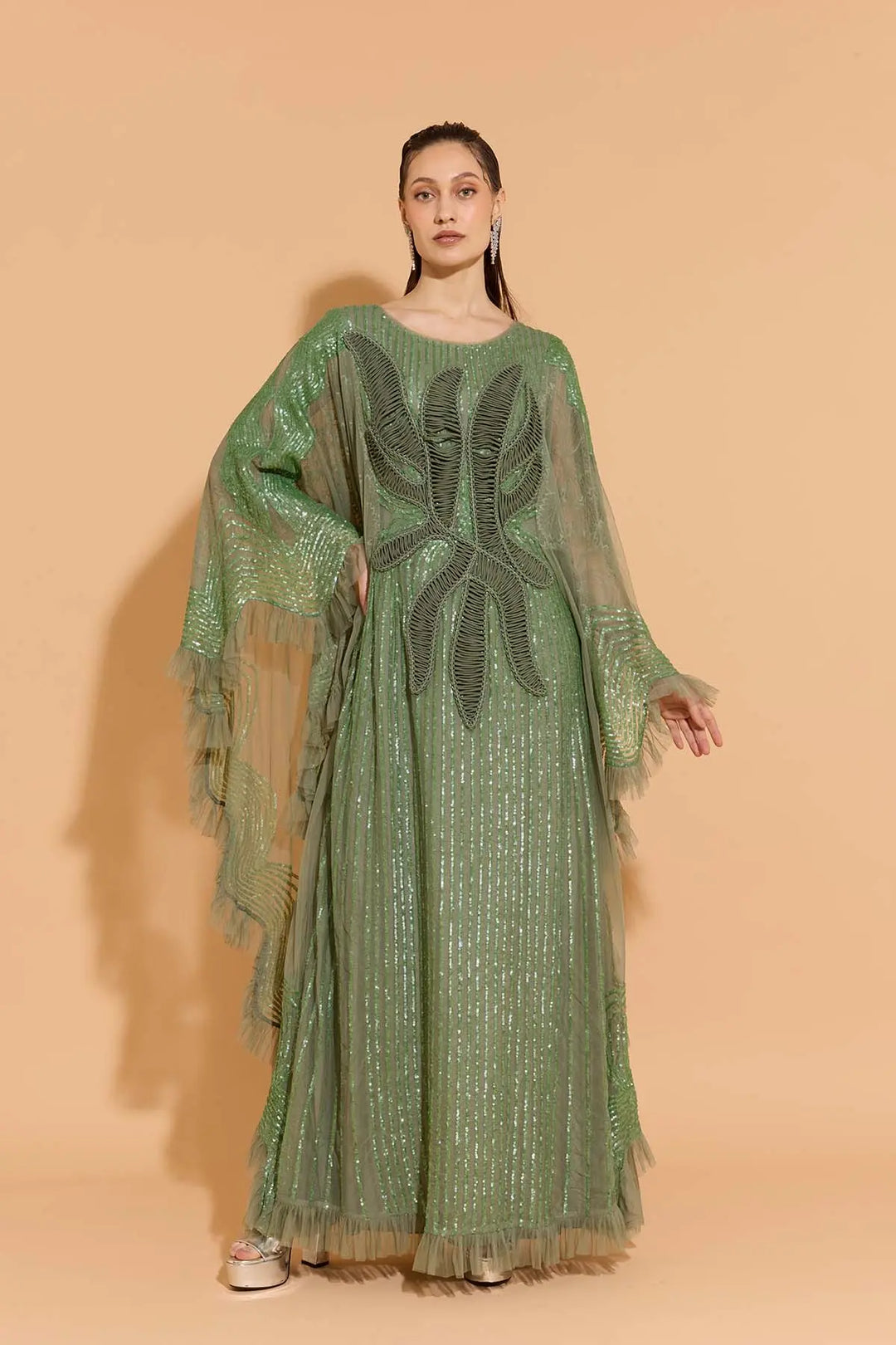 olive green kaftan dress FLORAL EMBROIDERED WRAP CAFTAN IN OLIVE GREEN | CULT MIA