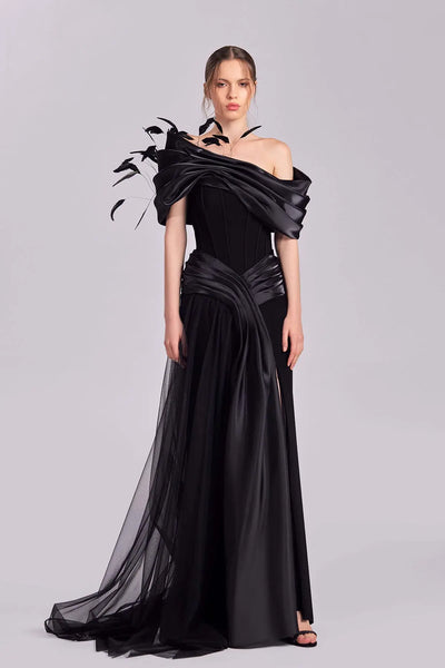 Black Corset Dress with Feathered Off-Shoulders DRESSES