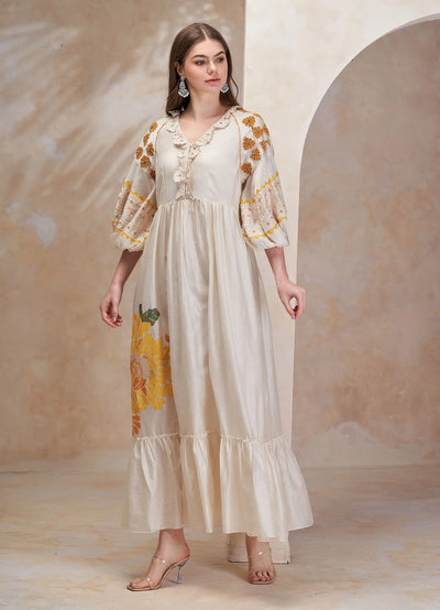 Ivory Applique Beadwork and  Cutwork Midi Dress DRESSES