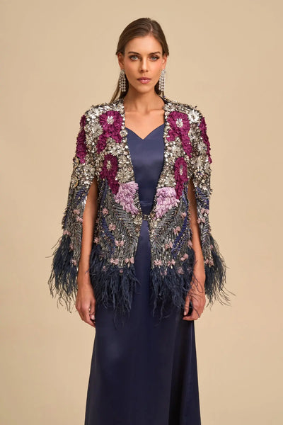 PURPLE FLORAL FEATHER CAPE DRESSES