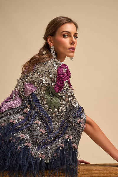 PURPLE FLORAL FEATHER CAPE DRESSES