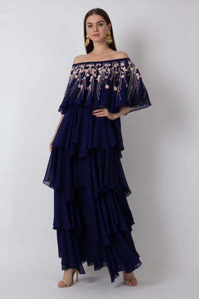 NAVY RUFFLE DRESS DRESSES